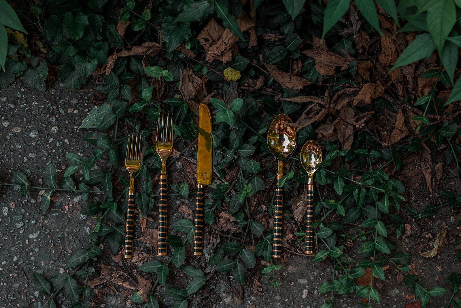 Gold and striped flatware laid among ivy