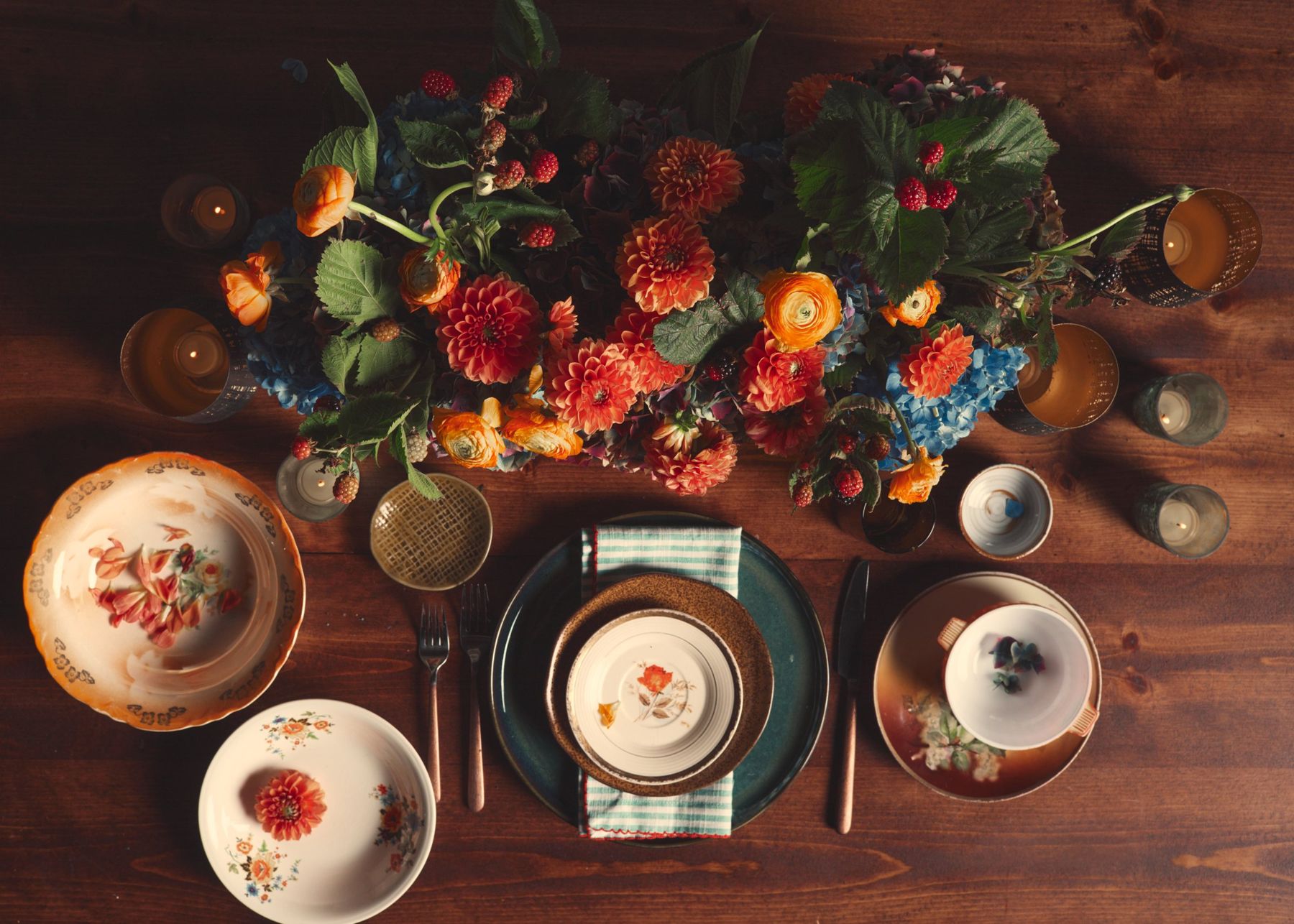 Overhead place setting with vintage china and flowers