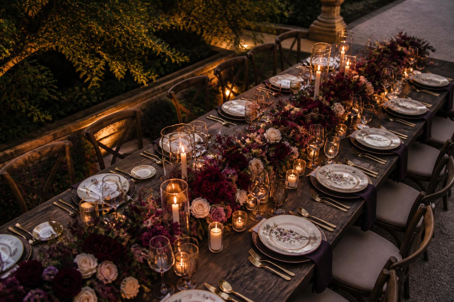 Long candlelit banquet table at dusk with floral runner, ivory china, and amber glassware
